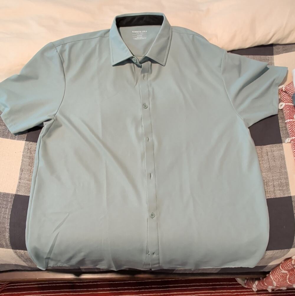 Kenneth Cole Men's Large Pine Green Short Sleeve Knit Shirt Button Down $59